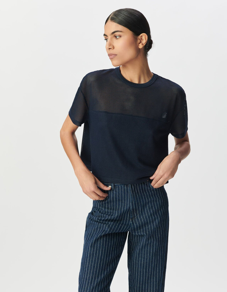 t-shirt da donna in rete goffrata blu navy