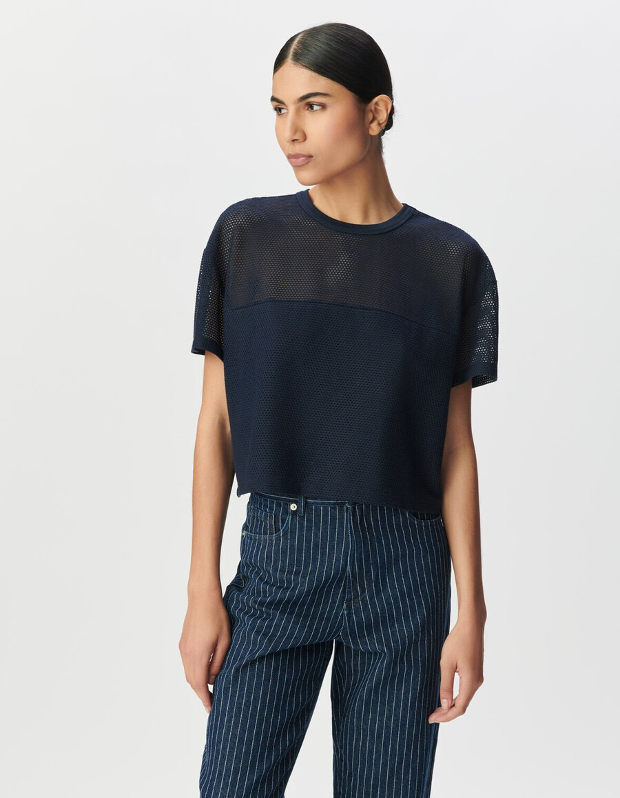 t-shirt da donna in rete goffrata blu navy