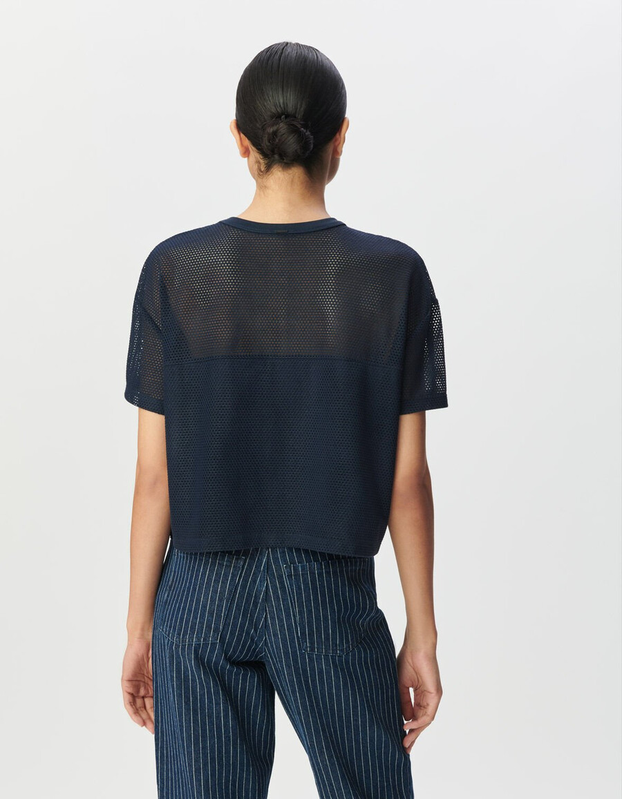 t-shirt da donna in rete goffrata blu navy