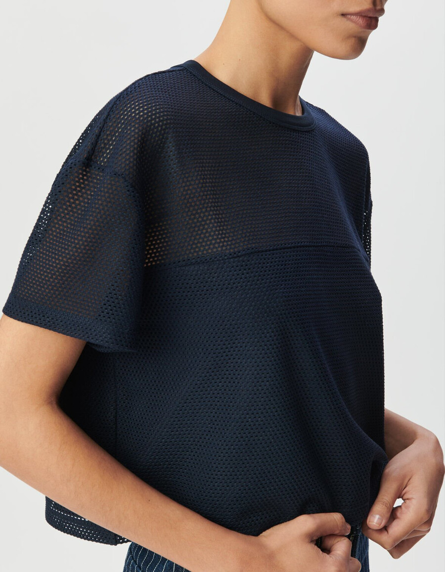 t-shirt da donna in rete goffrata blu navy