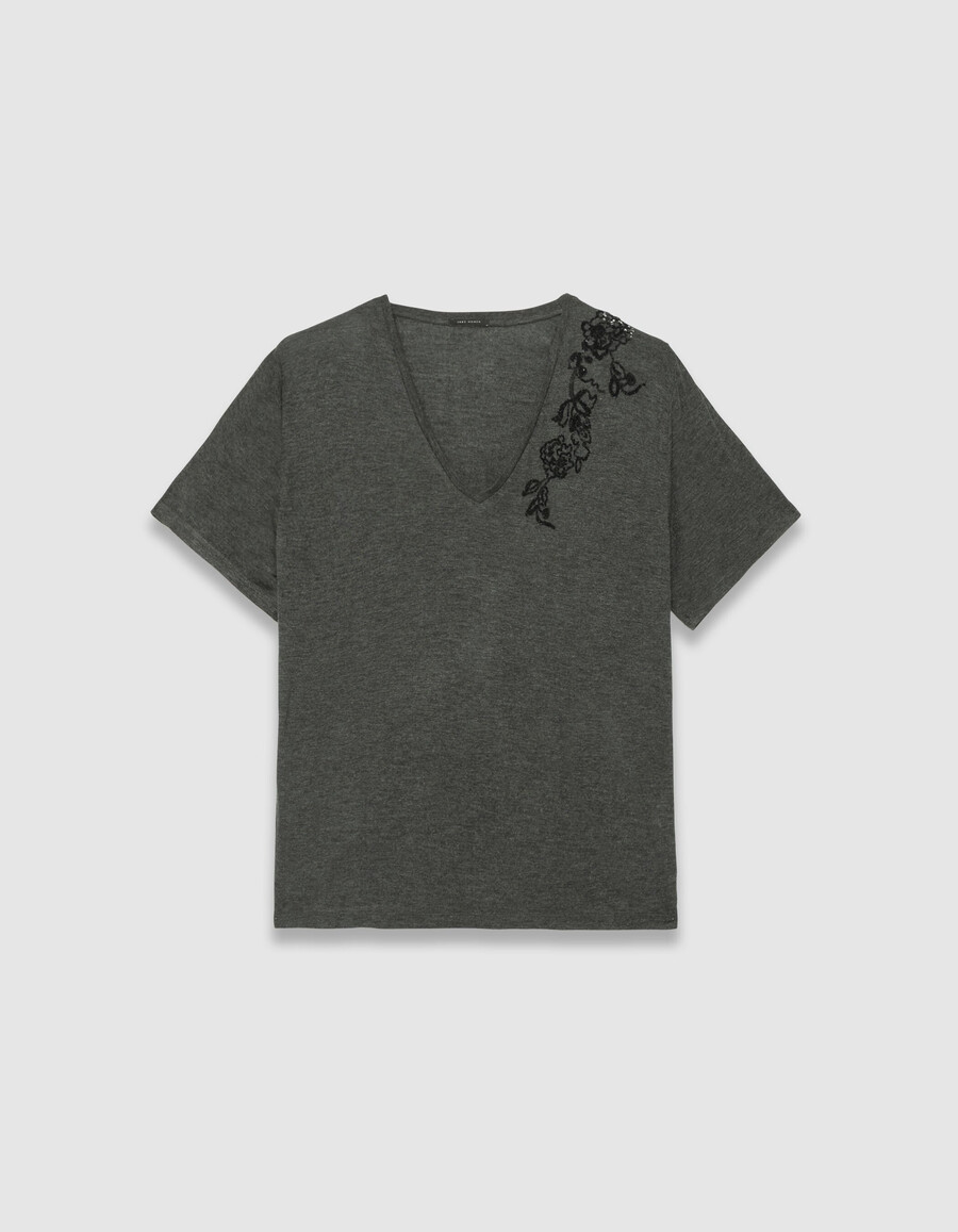 t-shirt grigia da donna con fiori ricamati con paillettes