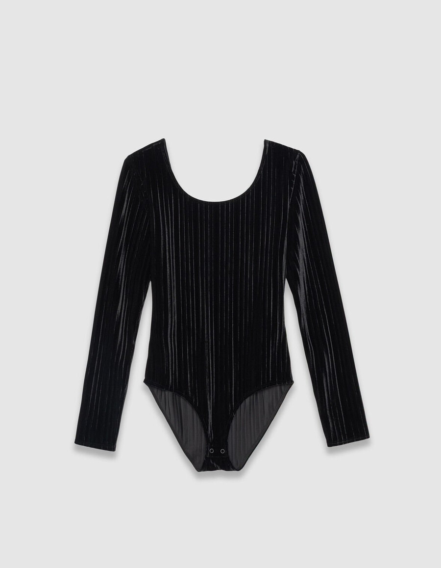body in maglia di velluto plissettato nero da donna