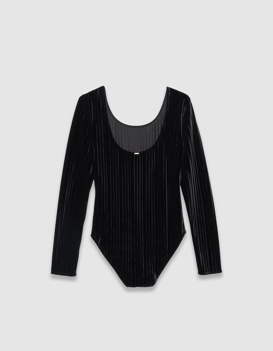 body in maglia di velluto plissettato nero da donna