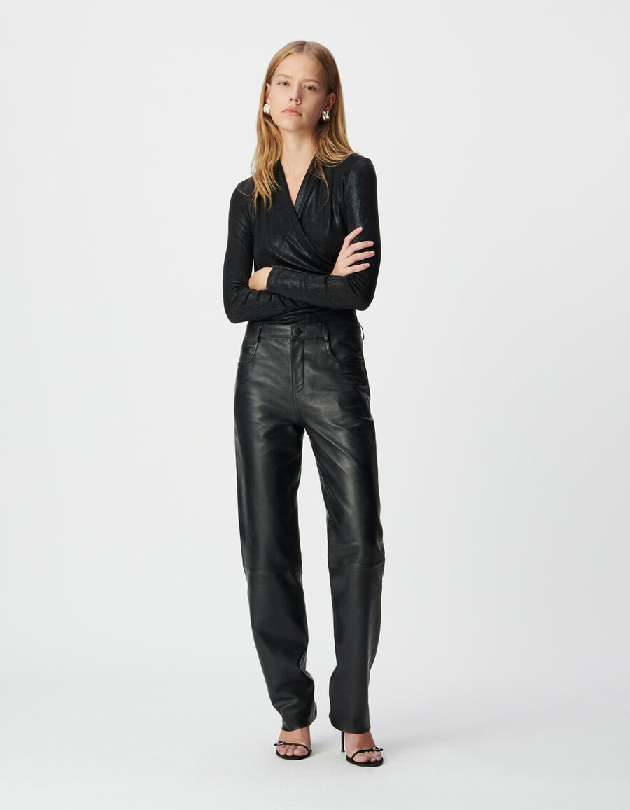 t-shirt avvolgente in lamé nero da donna