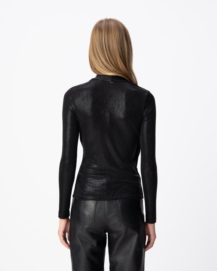 t-shirt avvolgente in lamé nero da donna