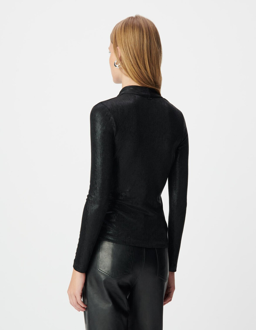 t-shirt avvolgente in lamé nero da donna