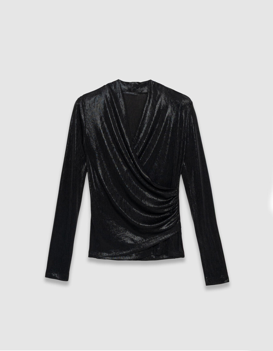 t-shirt avvolgente in lamé nero da donna