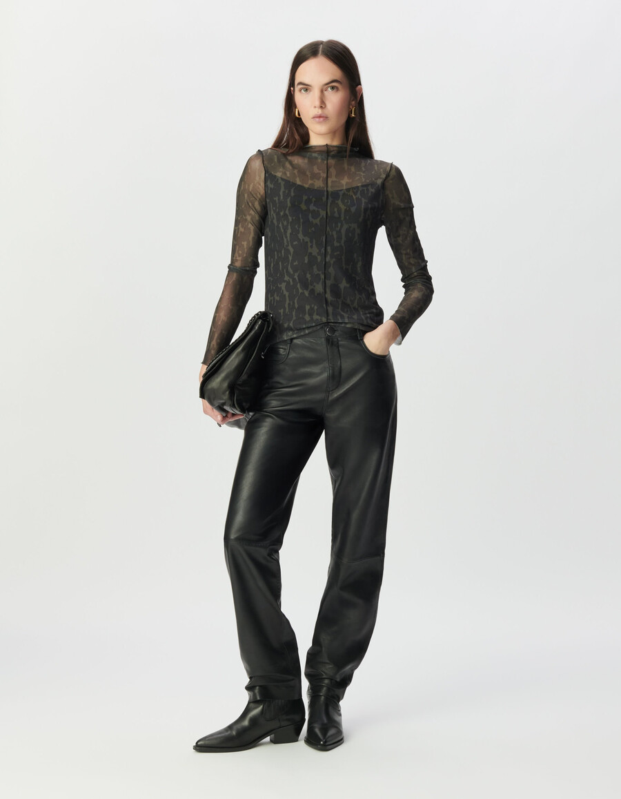 t-shirt da donna in rete color cachi con stampa leopardata