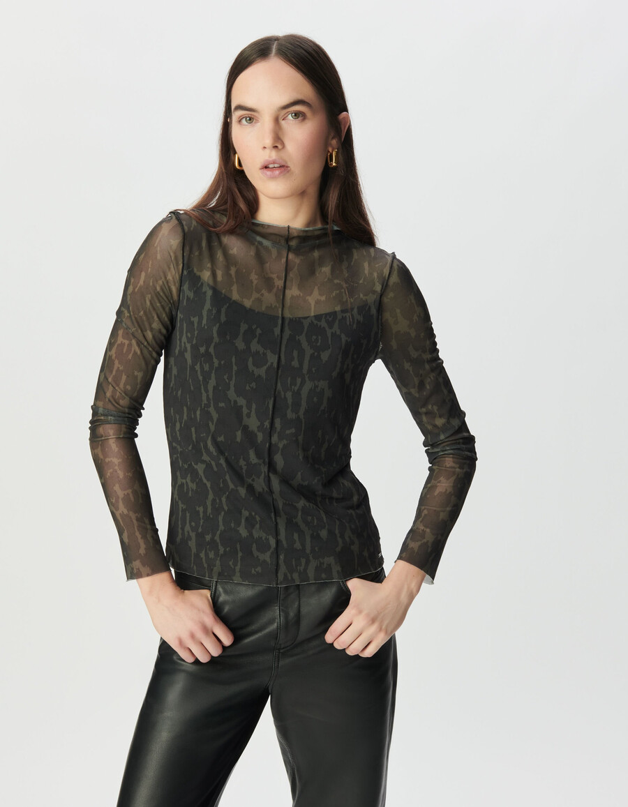 t-shirt da donna in rete color cachi con stampa leopardata