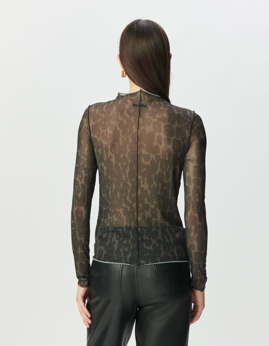 t-shirt da donna in rete color cachi con stampa leopardata