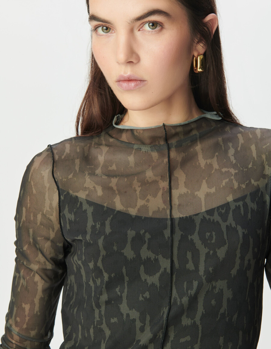 t-shirt da donna in rete color cachi con stampa leopardata
