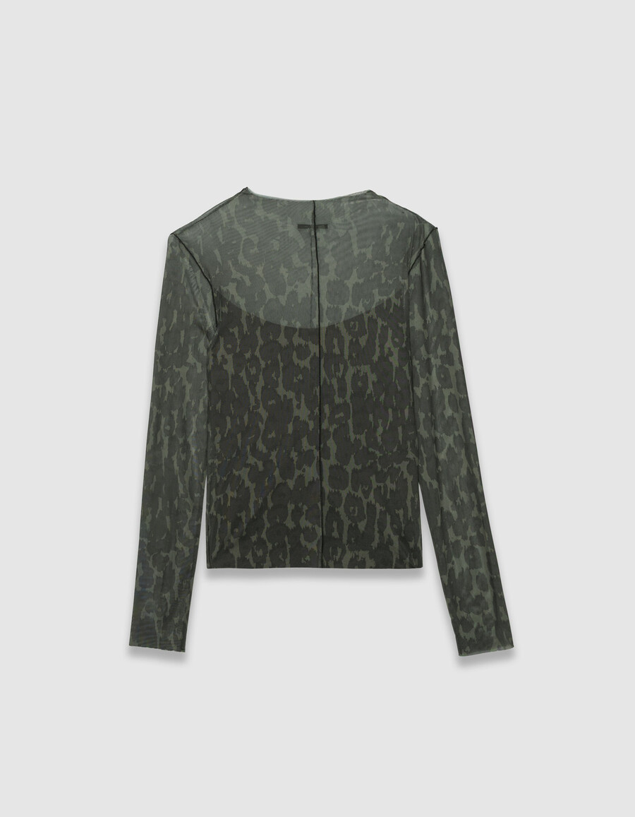 t-shirt da donna in rete color cachi con stampa leopardata