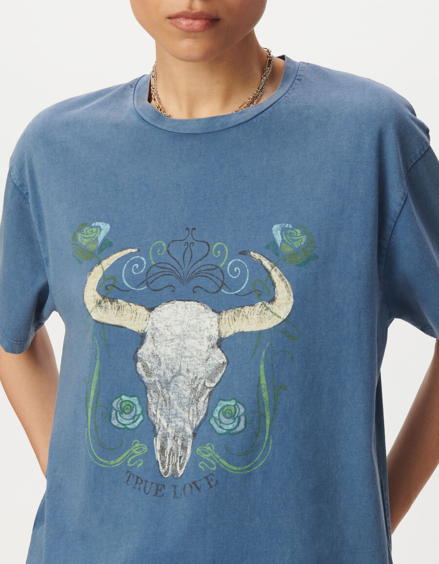 maglietta a maniche corte da donna grigio-blu con immagine di bufalo
