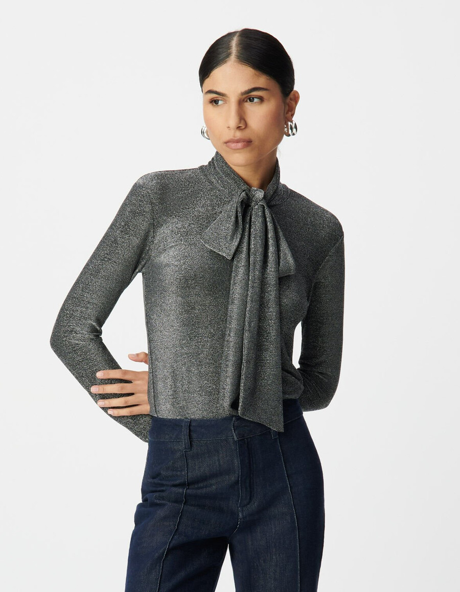 maglietta da donna in maglia lurex argento con laccetto al collo