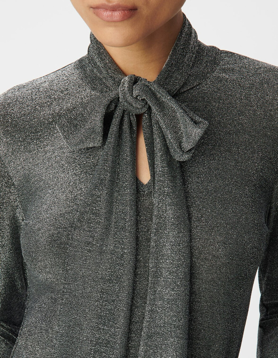 maglietta da donna in maglia lurex argento con laccetto al collo