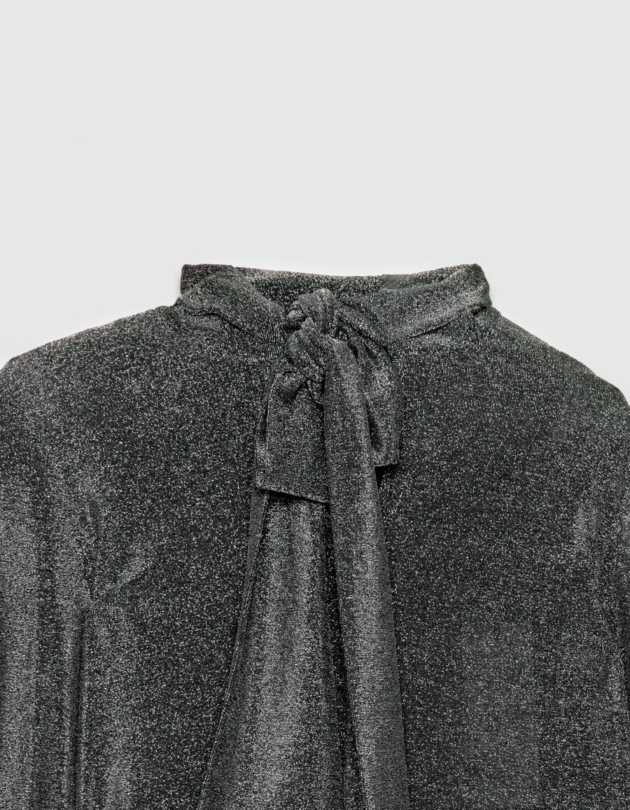 maglietta da donna in maglia lurex argento con laccetto al collo