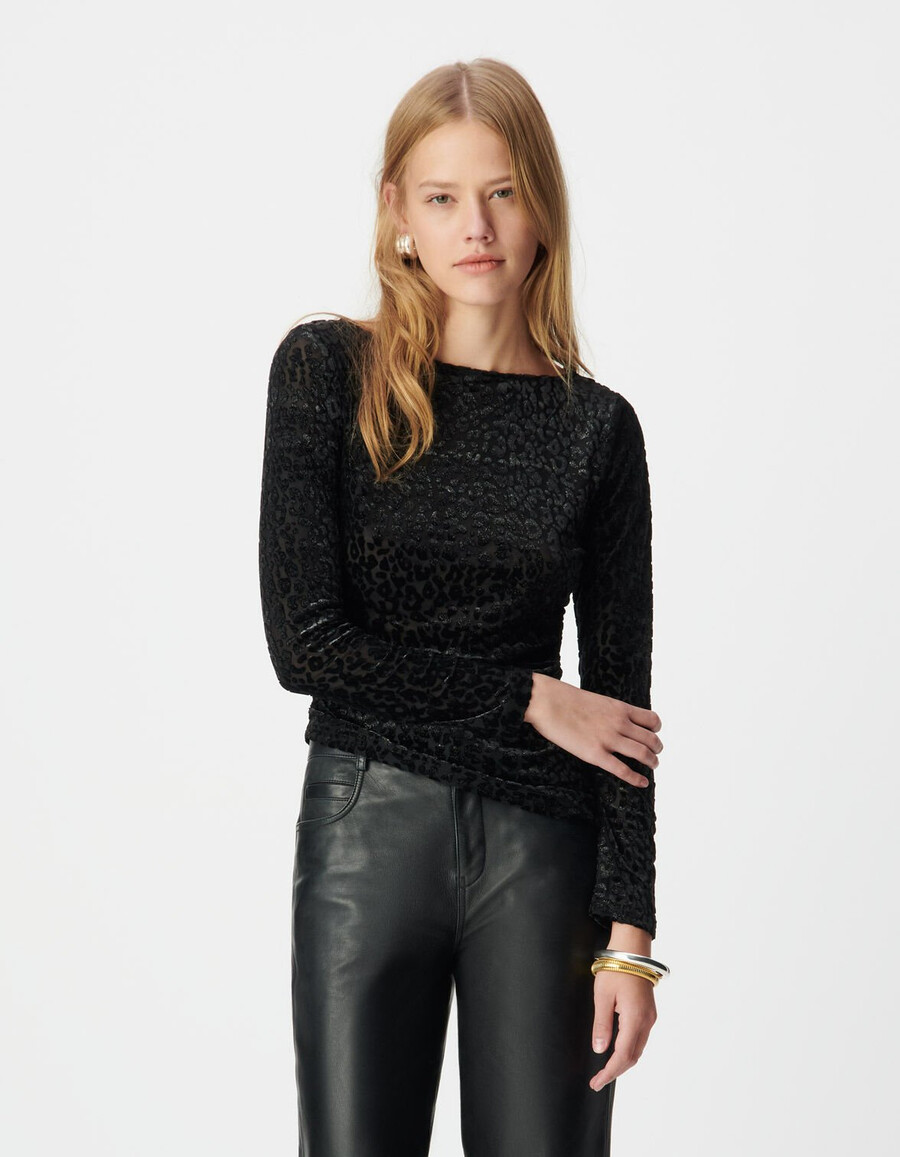 t-shirt da donna in velluto nero con motivo leopardato