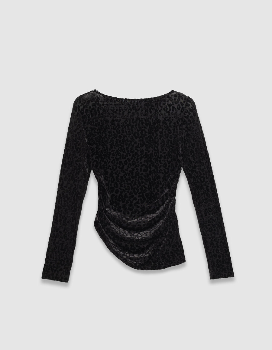 t-shirt da donna in velluto nero con motivo leopardato
