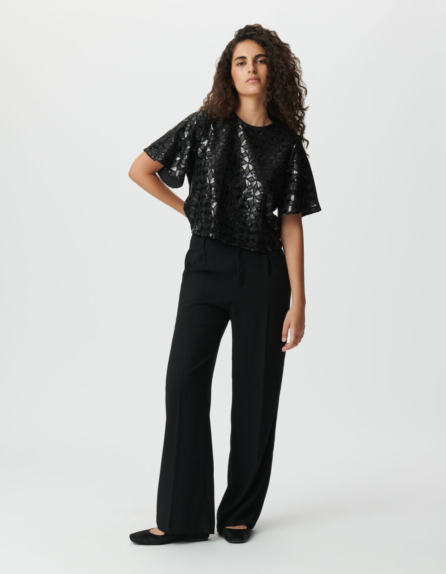 top da donna con paillettes ricamate nere maniche a farfalla