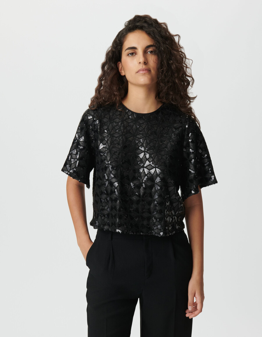 top da donna con paillettes ricamate nere maniche a farfalla