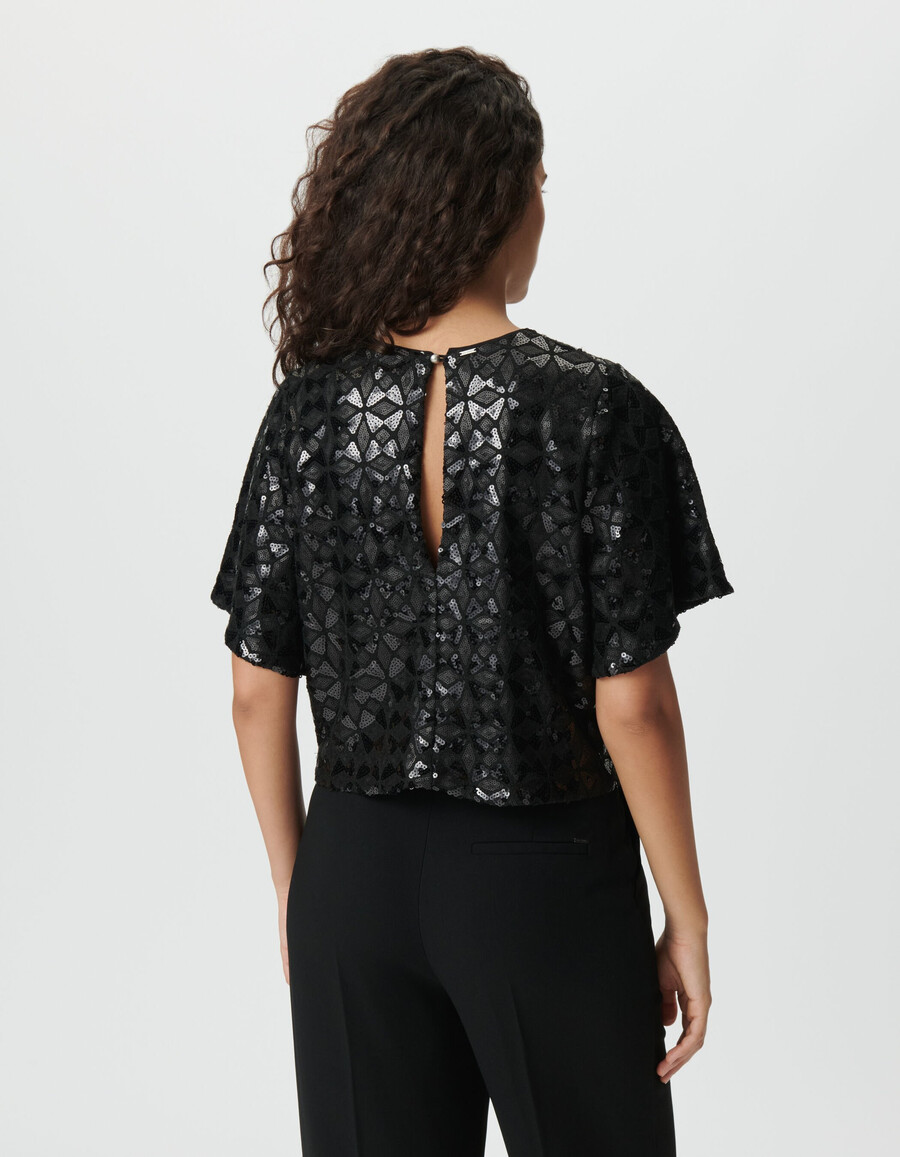 top da donna con paillettes ricamate nere maniche a farfalla
