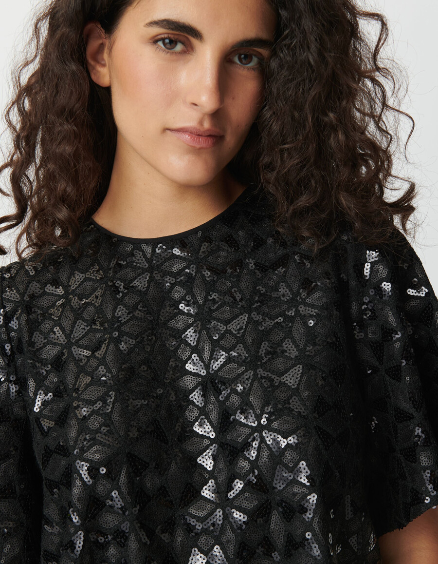 top da donna con paillettes ricamate nere maniche a farfalla