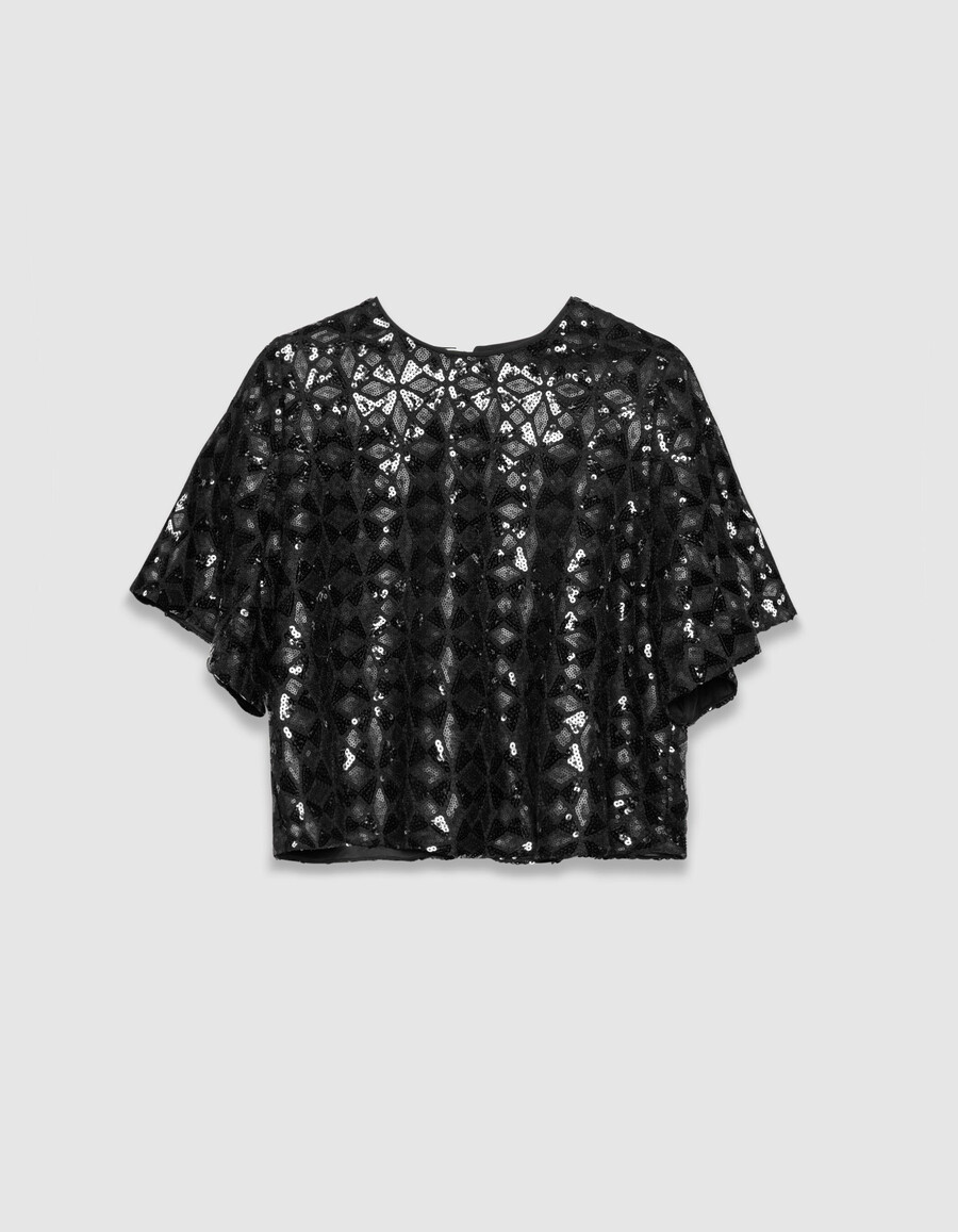 top da donna con paillettes ricamate nere maniche a farfalla