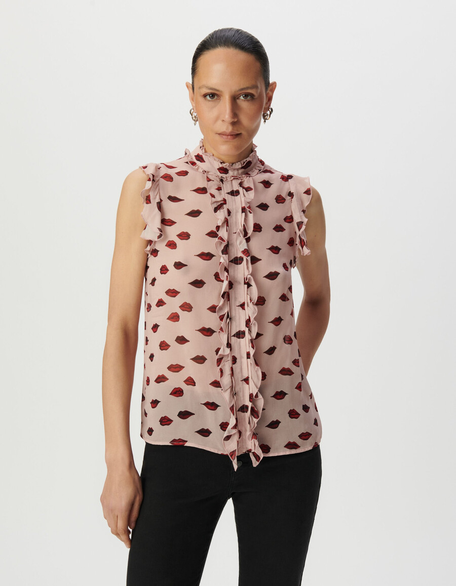 top senza maniche in voile rosa da donna stampa multicolore a bocca