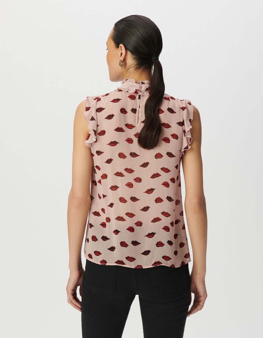 top senza maniche in voile rosa da donna stampa multicolore a bocca
