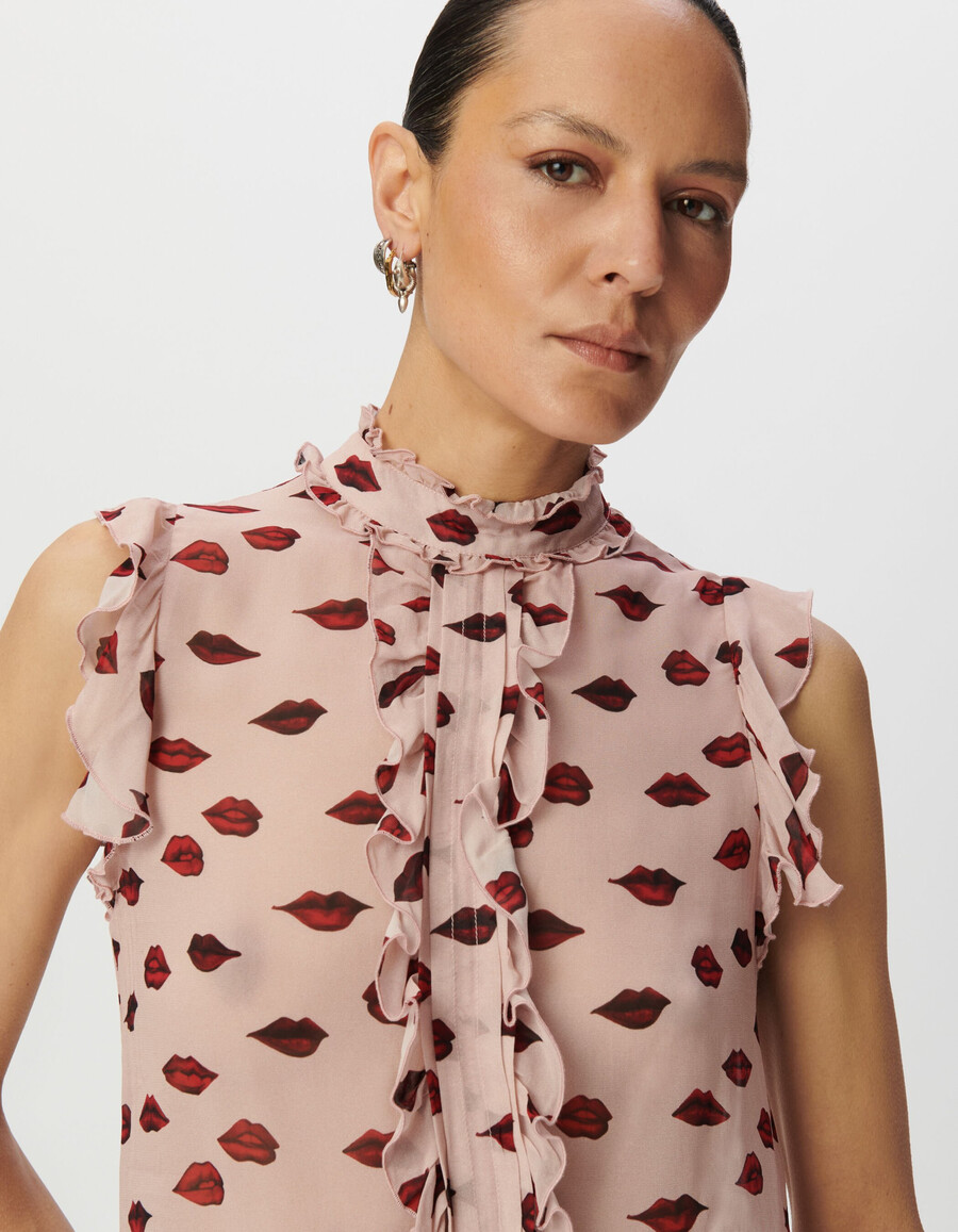 top senza maniche in voile rosa da donna stampa multicolore a bocca