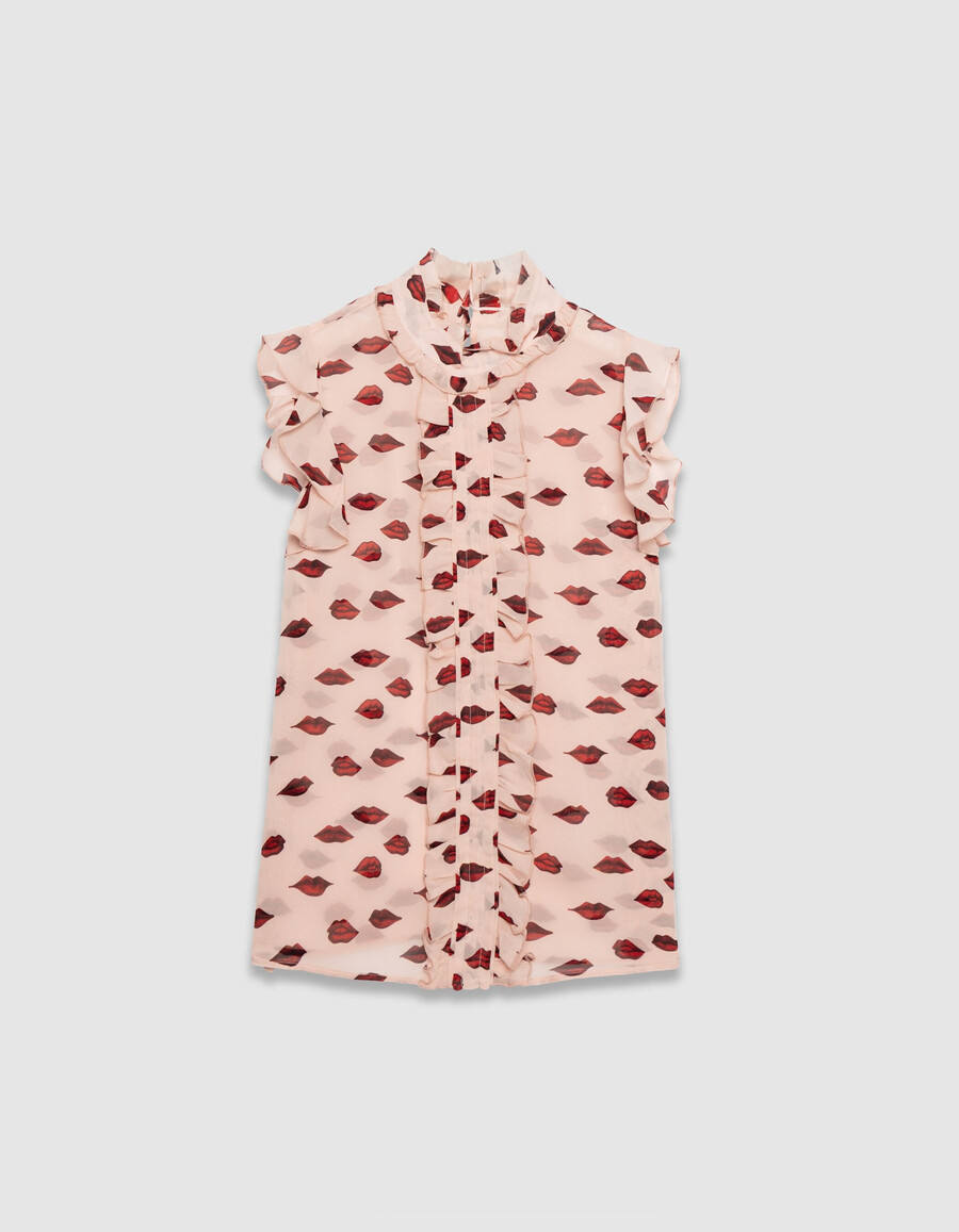 top senza maniche in voile rosa da donna stampa multicolore a bocca