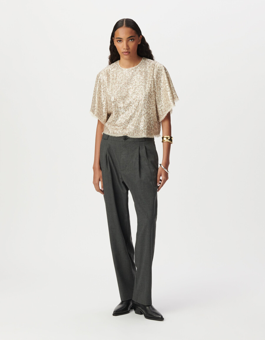 top beige da donna paillettes dorate maniche a farfalla