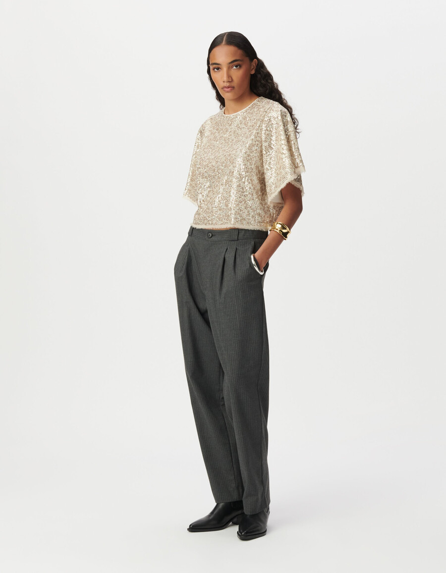 top beige da donna paillettes dorate maniche a farfalla