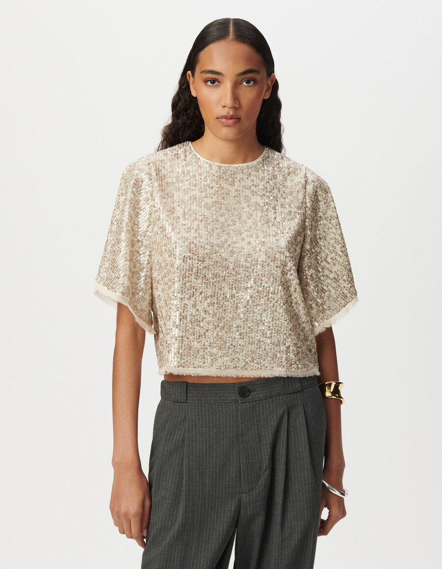 top beige da donna paillettes dorate maniche a farfalla