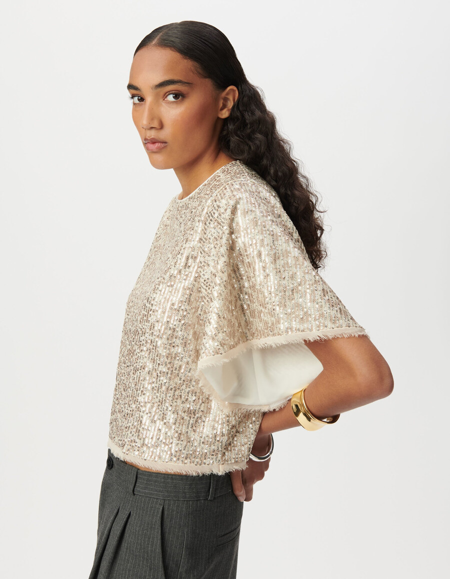 top beige da donna paillettes dorate maniche a farfalla