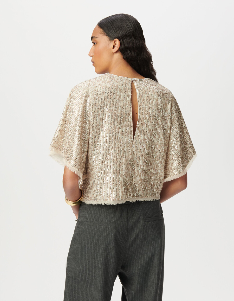top beige da donna paillettes dorate maniche a farfalla