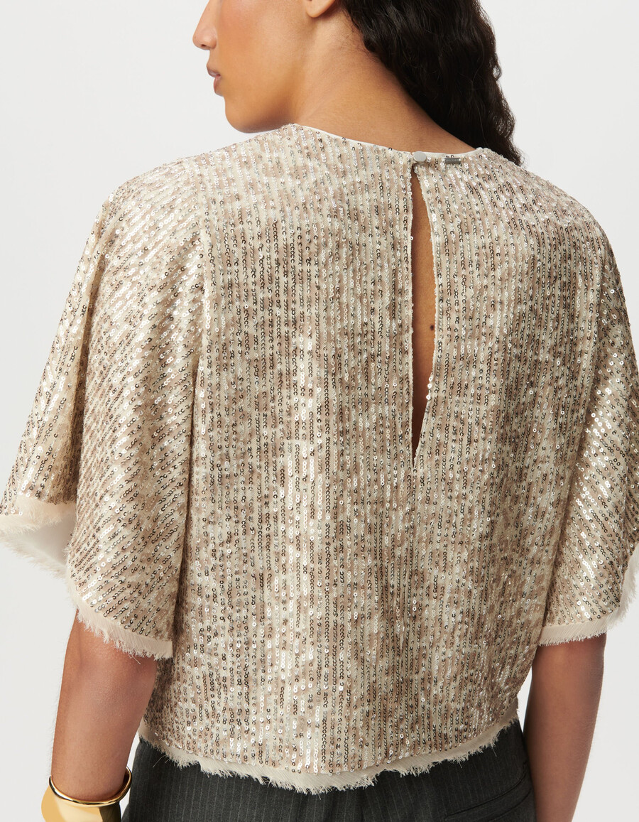 top beige da donna paillettes dorate maniche a farfalla