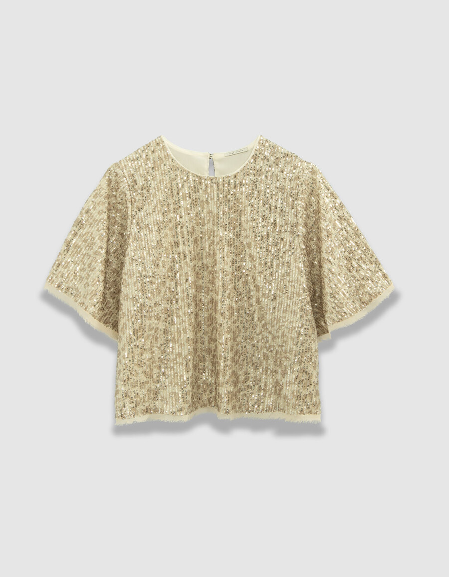 top beige da donna paillettes dorate maniche a farfalla