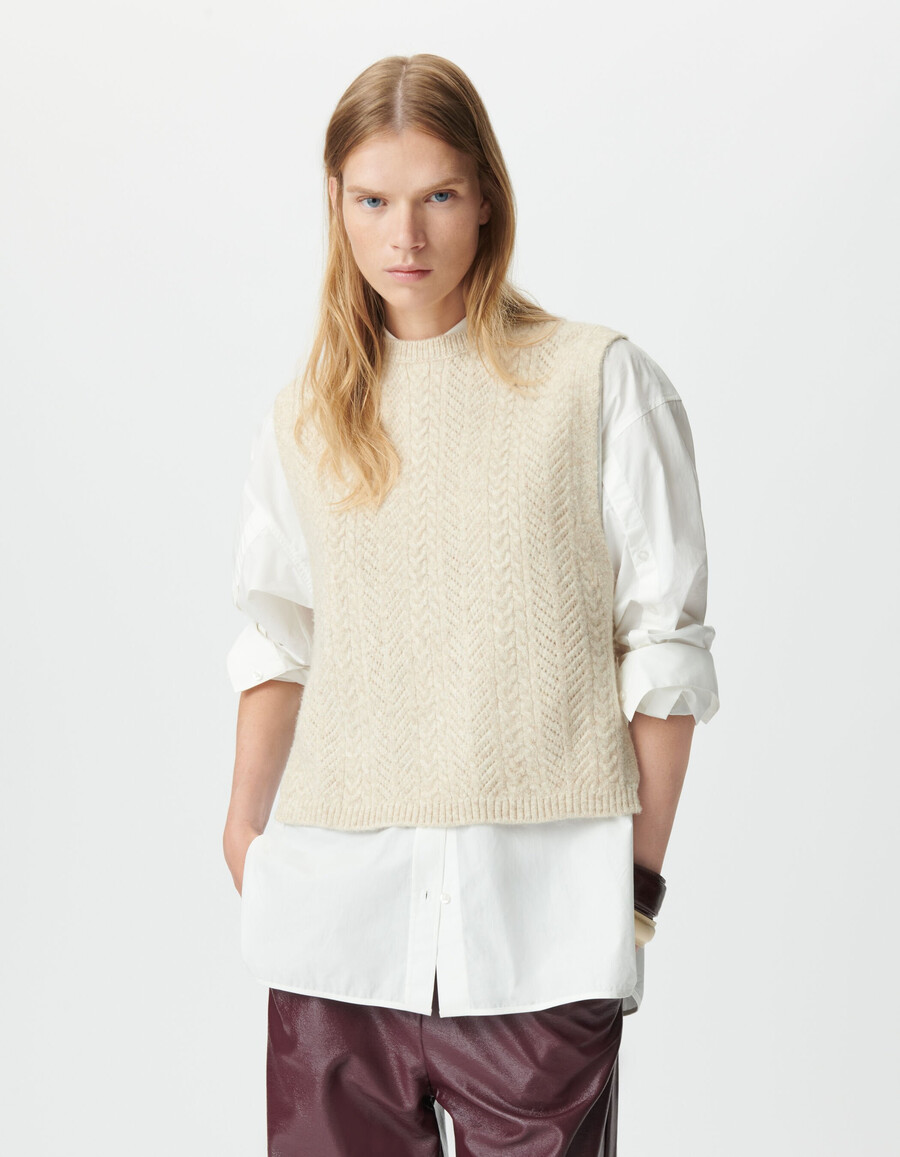 top senza maniche in maglia beige da donna con pettorina