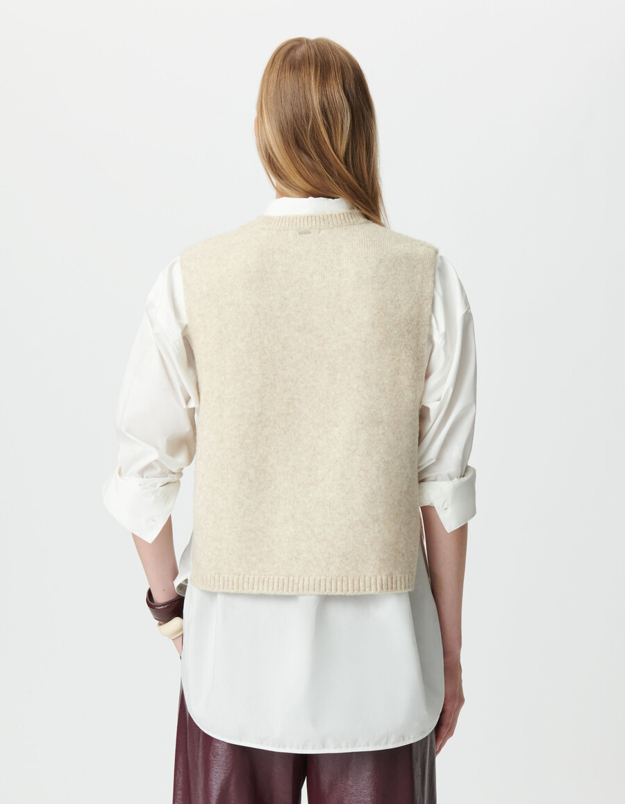 top senza maniche in maglia beige da donna con pettorina