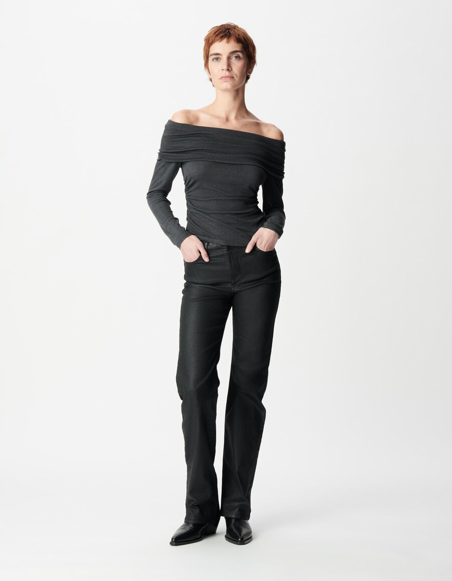 maglietta da donna con scollo a bustino in rete con paillettes grigia