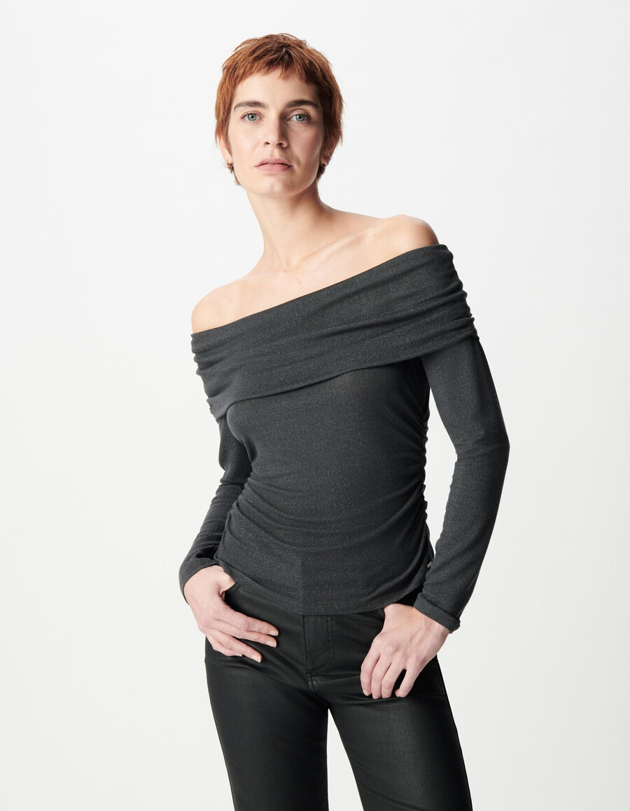 maglietta da donna con scollo a bustino in rete con paillettes grigia