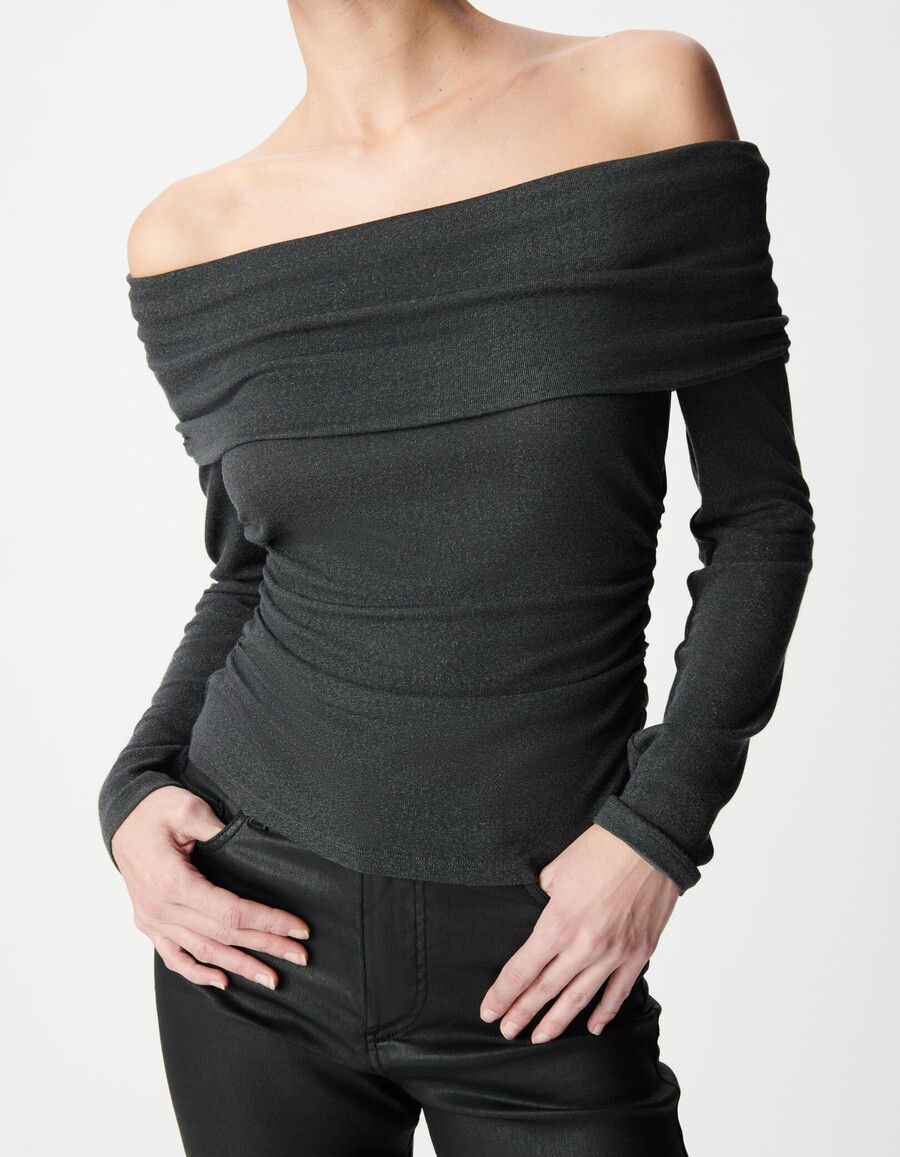 maglietta da donna con scollo a bustino in rete con paillettes grigia
