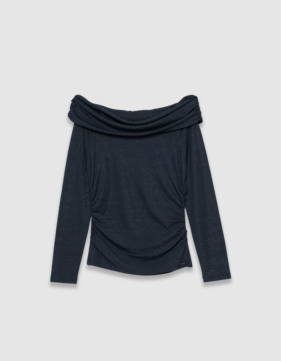 maglietta da donna con scollo a bustino in rete con paillettes grigia