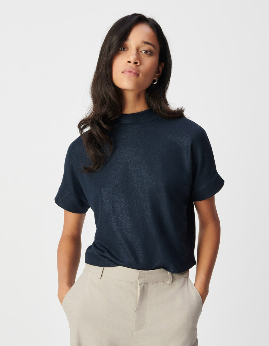 maglietta a maniche corte con paillettes blu navy da donna