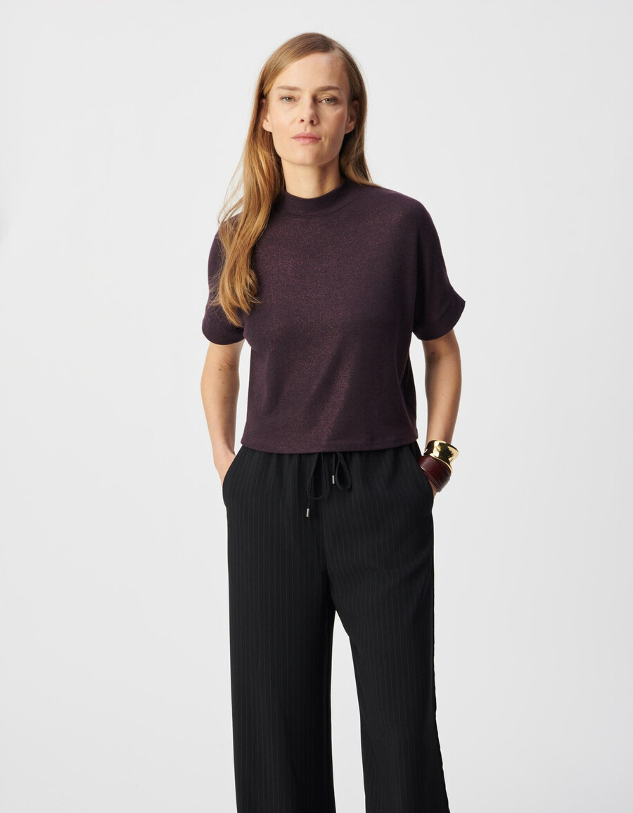 t-shirt a maniche corte con paillettes bordeaux da donna