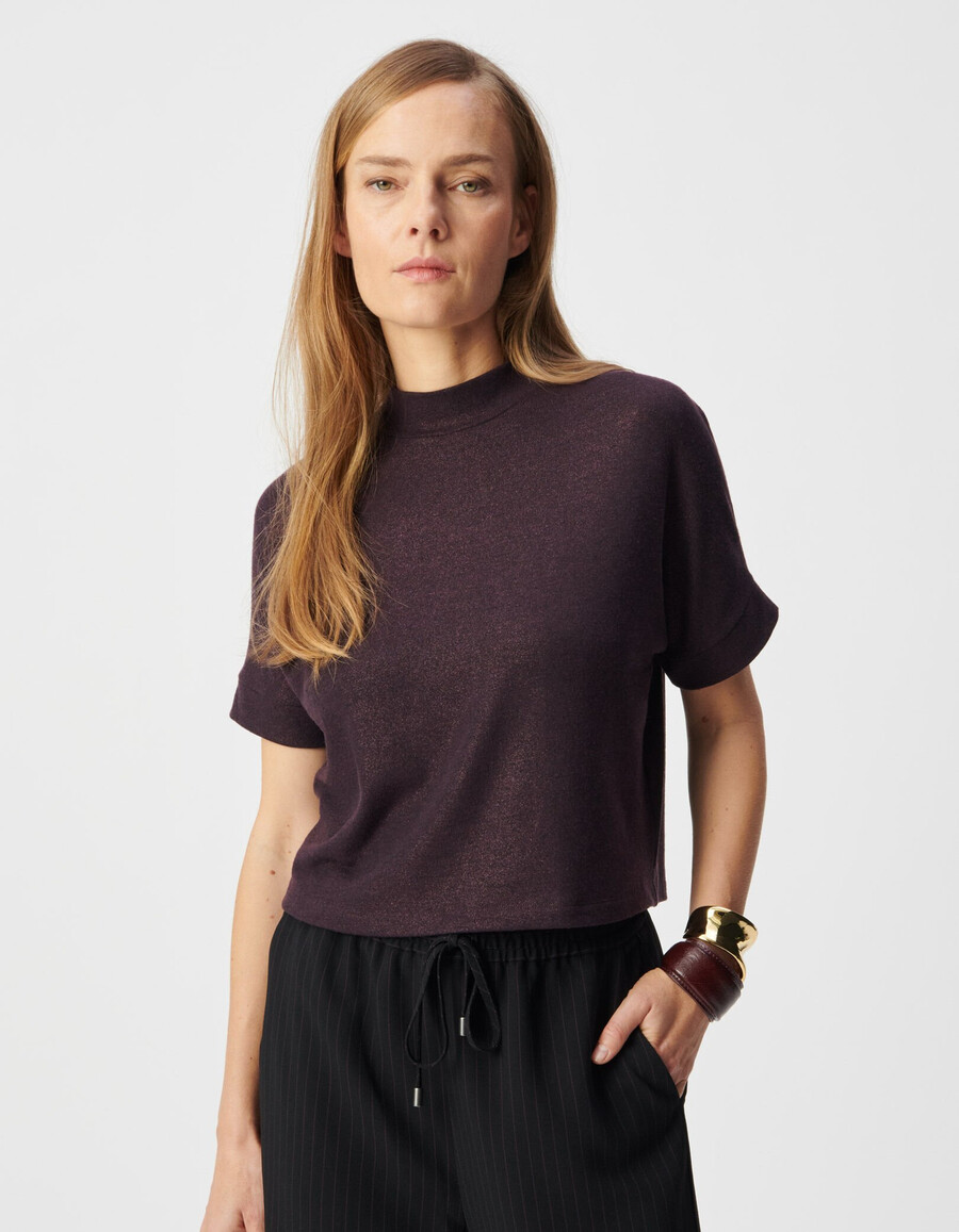 t-shirt a maniche corte con paillettes bordeaux da donna
