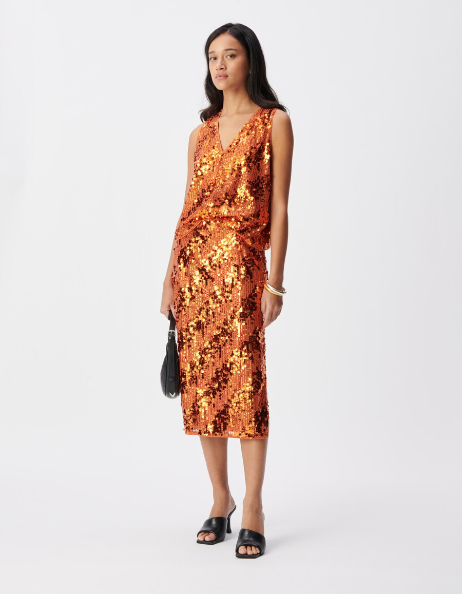 top senza maniche con paillettes color arancione zucca per donna