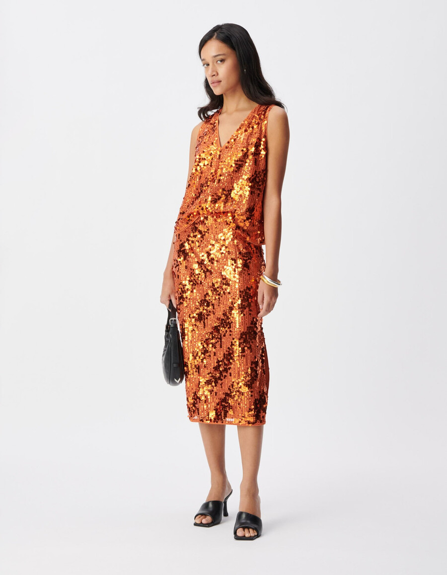 top senza maniche con paillettes color arancione zucca per donna