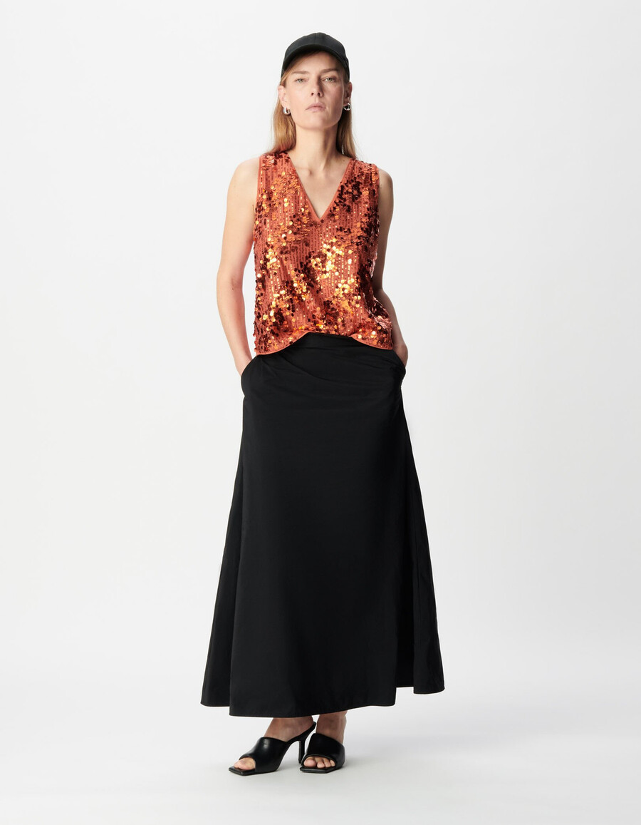 top senza maniche con paillettes color arancione zucca per donna
